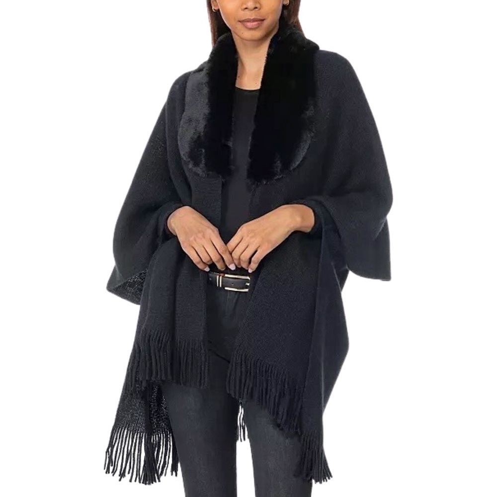 *NWT I.N.C. INTERNATIONAL CONCEPTS Faux-Fur-Collar Cape Sweater in Black